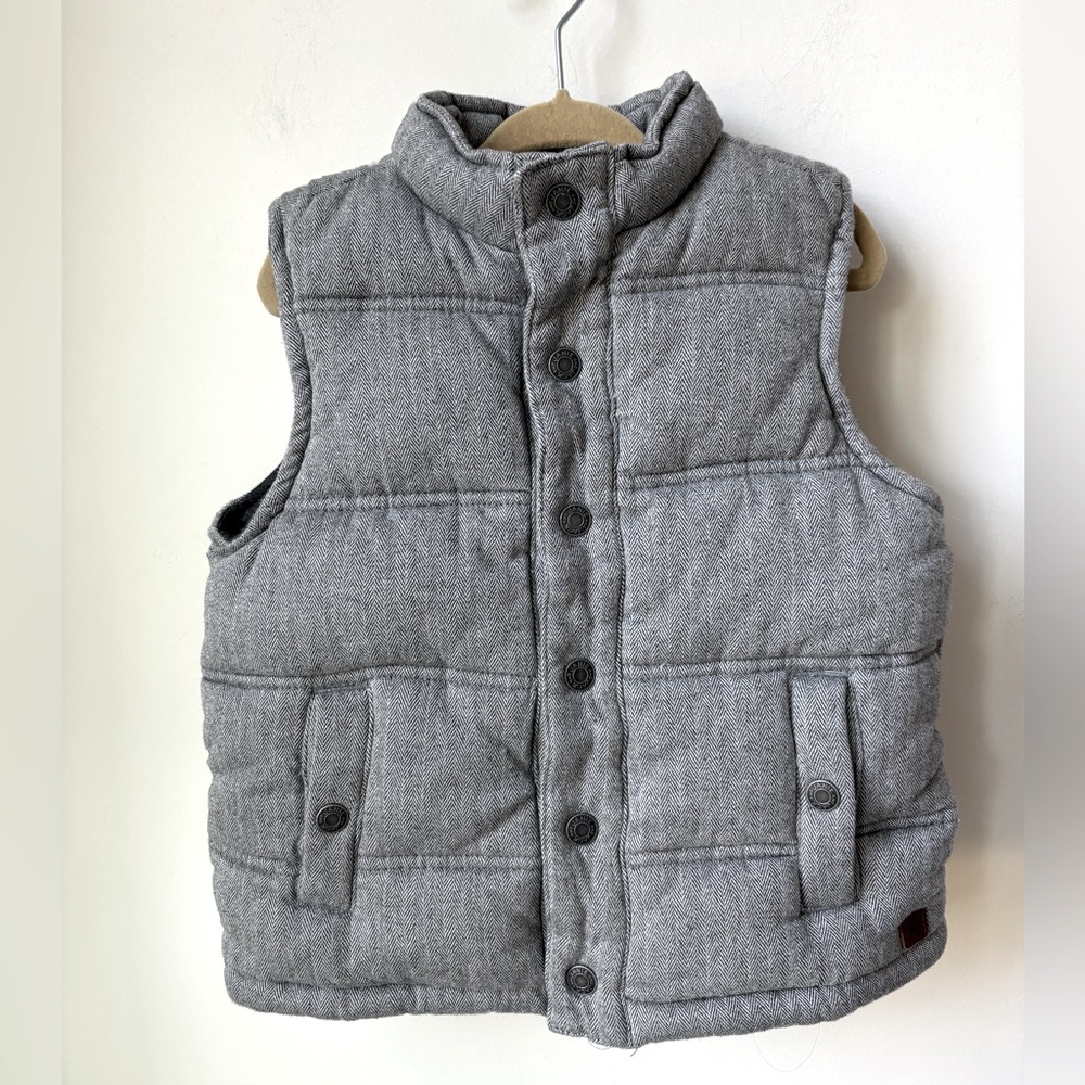 Janie and Jack Kids Herringbone Puffer Vest Grey Lined Snap Front Close Size 3-4